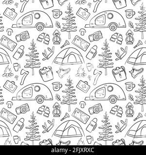 Wandern und Camping Nahtloses Muster mit Reiseelementen. Nahtlose Muster für Design, Poster, Hintergründe Wandern, Reisen und Camping Thema. Zelt Stock Vektor