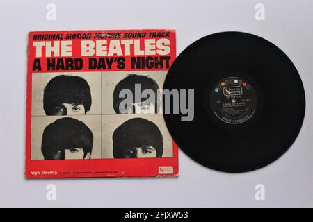 Das Beatles Original Motion Picture Soundtrack-Musikalbum auf Vinyl-Schallplatte. Englische Rockmusik mit dem Titel: A Hard Days Night Stockfoto