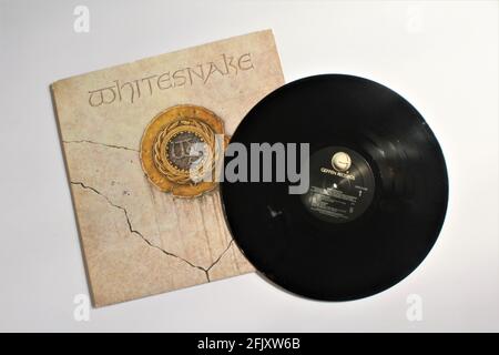 Klassische Rockband, Whitesnake, Musikalbum auf Vinyl-Schallplatte. Selbstbetiteltes Album. Stockfoto