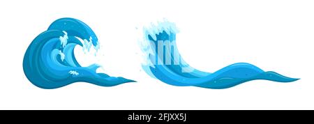 Flutende Wasserelemente. Wellen des Tsunamis im Ozean setzen ein. Cartoon-Vektor-Illustrationen isoliert auf weißem Hintergrund Stock Vektor