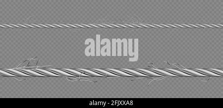 Metallkabel, gedrehtes Stahlgarn mit zerrissenen Fasern. Altes kaputtes Eisenseil mit Bruchfäden. Vektor realistische Grenze von 3d gerade Hawser isoliert auf transparentem Hintergrund Stock Vektor