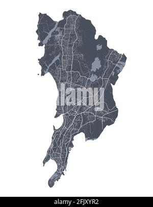 Mumbai-Karte. Detaillierte Vektorkarte des Verwaltungsgebiets der Stadt Mumbai. Blick auf das Stadtbild mit Postern und die Arie der Metropole. Dunkles Land mit weißen Straßen, Straßen und ein Stock Vektor