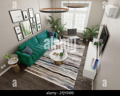 Sessel und Designlampe im natürlichen Wohnzimmer mit Pflanzen und Gemälden. Stockfoto