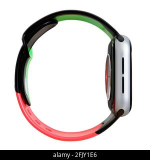 Apple Watch Series 6 Sport 44 mm schwarz Aluminiumgehäuse mit weißem Sportband mit Aktivitäts-App auf dem Display. Isoliert auf weißem Hintergrund. Stockfoto