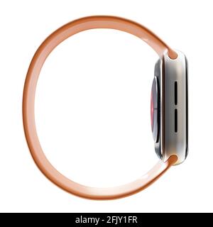 Apple Watch Sport 44 mm Silber Aluminium-Gehäuse mit weißem Sportband mit Aktivitäts-App auf dem Display. Isoliert auf weißem Hintergrund. Stockfoto