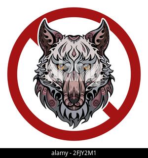 Gefahr von Wildtieren. Der Kopf eines Wolfes mit einem Stammesmuster in einem roten Verbotsschild. Verbot von Raubtieren. Vektor verboten Zeichen für Aufkleber und y Stock Vektor