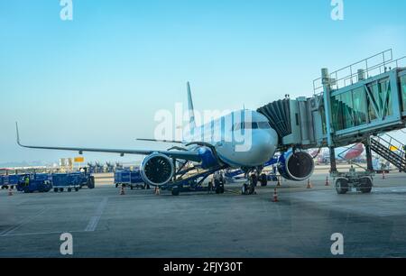 Indigo ist mit einer Flottengröße von 280 die größte Low-Cost-Airline in Indien. Stockfoto