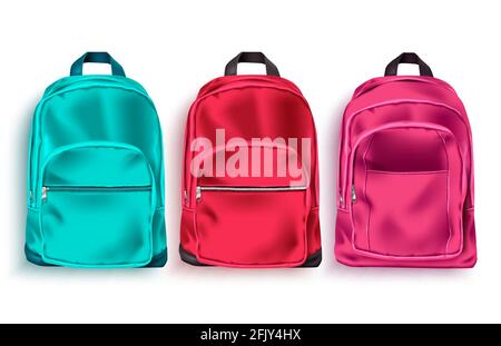 Schultasche Vektorset. 3D-Kollektion für Schulrucksack und Gepäck in den Farben Grün, Rot und Rosa für Bildungs- oder Reiseelemente in Weiß isoliert Stock Vektor