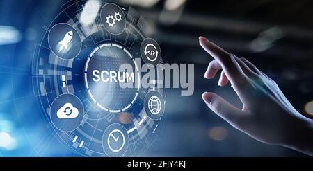 Scrum, Agile Development Methodology, Programming and Application Design Technology Concept on Virtual Screen Stockfoto