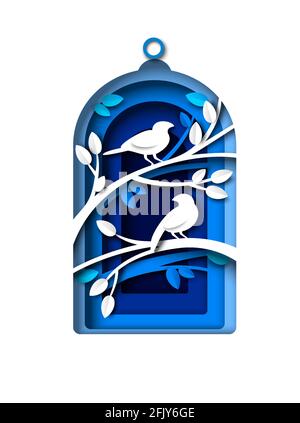 Vogelkäfig mit gebietssilhouetten innen, Vektorgrafik im Papierkunststil. Pets Poster Design Vorlage Stock Vektor