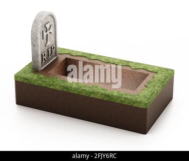 Offenes Grab mit Grabstein isoliert auf weißem Hintergrund. 3D-Illustration. Stockfoto