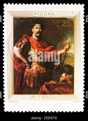 MOSKAU, RUSSLAND - 16. NOVEMBER 2019: Die in Polen gedruckte Briefmarke zeigt das Porträt von Jerzy E. Szymanowicz-Siemiginowski (1660-1711), King's Portraits Stockfoto