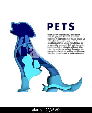 Niedliche Haustier Tiere Silhouetten, Vektor Papier Kunst Illustration. Hund, Katze, Kaninchen, Hamster, Papageien. Poster-Vorlage für Haustiere. Stock Vektor