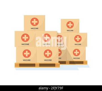 Paletten mit Kartons mit Coronavirus-Impfstoff. Lagerhaus mit kovidierten Impfstoffen. Transport des Impfstoffs. Anti-Virus-Kampagne. Vektorgrafik auf flach Stock Vektor