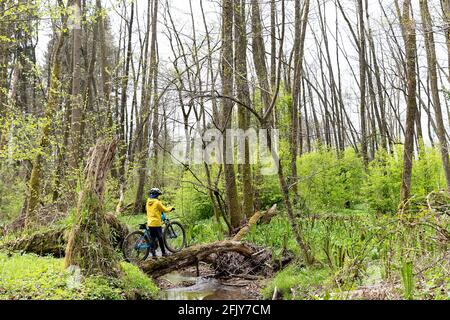 Junge mit einem Mountainbike über einen Baumstamm Der Bach im wunderschönen Frühlingswald mit üppigem Unterholz Stockfoto