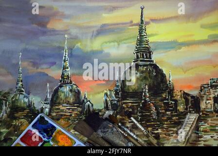 Kunst Malerei Aquarell Tempel Buddha Statue thailand , Ayutthaya Historical Park , Wat Phrasisanph Stockfoto