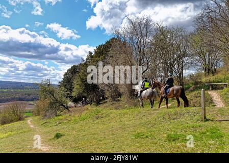 Zwei weibliche Reiter auf einem Reitweg auf White Downs In den Surrey Hills in der Nähe von Dorking Surrey England Stockfoto