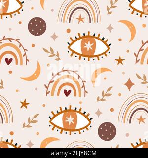 Boho-Elemente nahtlose Muster mit Auge, Mond, Regenbogen, Blättern, Planeten und Sternen. Handgezeichnete Vektorgrafik im skandinavischen Stil. Stock Vektor