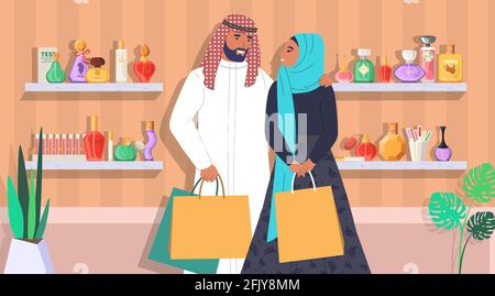 Muslimisches Familienpaar im Parfümerladen, flache Vektorgrafik. Saudi-arabischer Mann und Frau mit Einkaufstaschen. Parfümerie. Stock Vektor