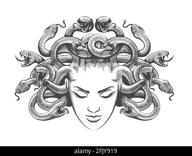 Medusa gorgon mit Schlangen im Tattoo-Stil gezeichnet. Vektorgrafik Stock Vektor