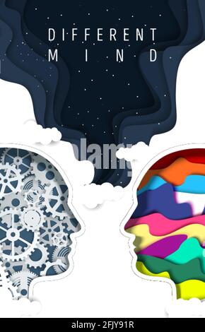 Verschiedene Arten von menschlichen Geist Vektor-Poster. Papiergeschnittene Mannkopfsilhouetten mit Zahnrädern und kreativen abstrakten Formen. Stock Vektor