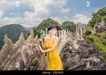 Frau Tourist auf dem Hintergrund der erstaunlichen riesigen Drachenstatue auf Kalkstein Berggipfel in der Nähe Hang Mua Aussichtspunkt am nebligen Morgen. Beliebter Tourist Stockfoto