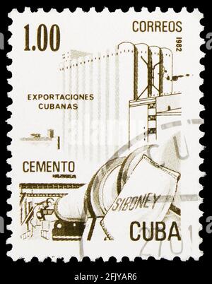 MOSKAU, RUSSLAND - 27. SEPTEMBER 2019: In Kuba gedruckte Briefmarke zeigt Cement, Exportserie, um 1982 Stockfoto