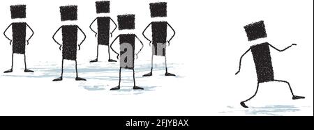 Mehrere Menschen stehen mit den Händen auf den Hüften. Nur eine Person wagt es zu gehen. Er geht glücklich und selbstbewusst. Stock Vektor