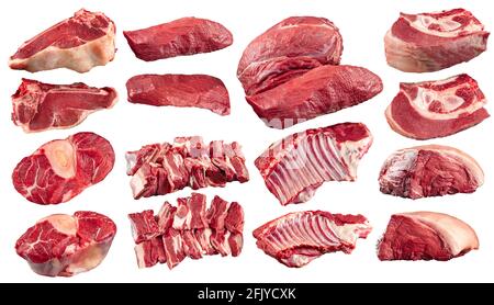 Collage aus verschiedenen isolierten rohen Fleischteilen von Rindfleisch Stockfoto