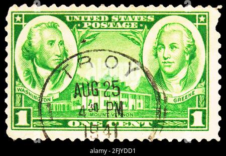 MOSKAU, RUSSLAND - 27. SEPTEMBER 2019: Die in den USA gedruckte Briefmarke zeigt die Generäle George Washington, Nathanael Greene und Mt. Vernon, Das Ist Die Armee Stockfoto