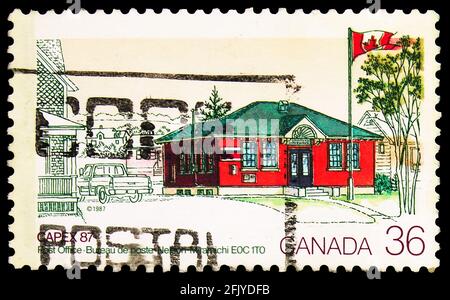 MOSKAU, RUSSLAND - 27. SEPTEMBER 2019: In Kanada gedruckte Briefmarke zeigt Post Office, Nelson-Miramichi, Capex 87 - Toronto Serie, um 1987 Stockfoto