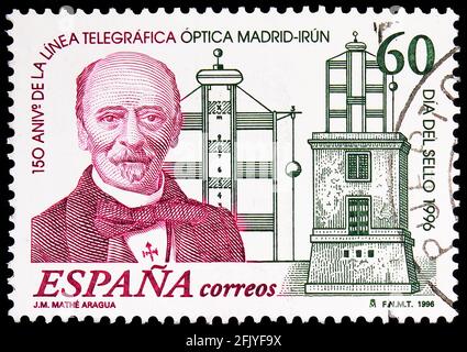 MOSKAU, RUSSLAND - 27. SEPTEMBER 2019: Die in Spanien gedruckte Briefmarke zeigt J. M. Mathe Aragua, Briefmarkentag, Serie, um 1996 Stockfoto