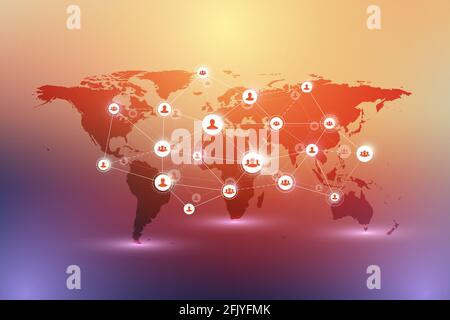 Social-Media-Netzwerk und Marketing-Konzept auf World Map Hintergrund. Globales Geschäftskonzept und Internet-Technologie, Analytische Netzwerke, Illustration Stockfoto