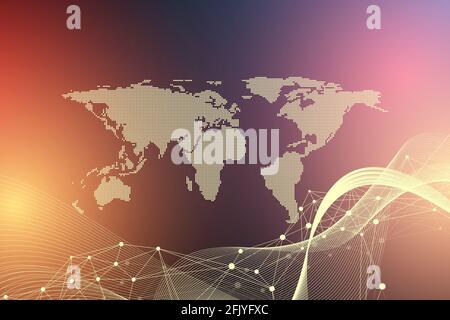 Weltkarte, globales Konzept der Technologievernetzung. Digitale Datenvisualisierung. Linien Plexus. Hintergrundkommunikation mit Big Data. Wissenschaftliche Illustration. Stockfoto