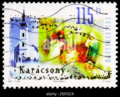 MOSKAU, RUSSLAND - 27. SEPTEMBER 2019: Die in Ungarn gedruckte Briefmarke zeigt Weihnachten 2011, Serie, um 2011 Stockfoto