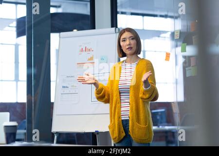 Porträt einer asiatischen Geschäftsfrau, die vor dem Whiteboard steht und gibt Präsentation im Büro Stockfoto