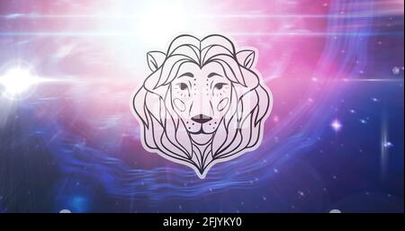 Abbildung des schwarz-weißen sternzeichens des löwen Sterne auf rosa bis violettem Hintergrund Stockfoto