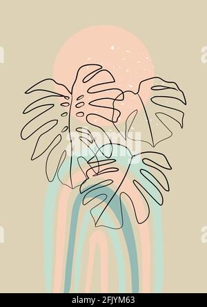 Boho-Druck mit Linien-Art-tropischen Blättern und Boho-Regenbogen auf dem Hintergrund. Pastellfarbene, neutrale Farben. Stock Vektor