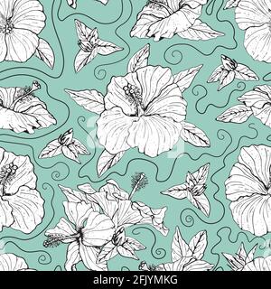 Nahtloses Muster mit einfarbigen Hibiskusblüten, Knospen und Blättern in Linienkunst mit schwarzer Umrandung. Auf türkisfarbenem Hintergrund. Stock Vektor