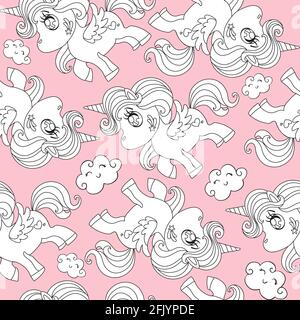 Nahtloses Muster mit weißen Einhörnern und Wolken auf rosa Hintergrund. Vektor-Illustration für Party, drucken, Babydusche, Tapete, Design, Einrichtung, Bettwäsche Stock Vektor