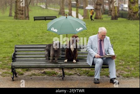 DER NATIONALE START VON CRUFTS 2007 findet vom 8. Bis 11. März im NEC Birmingham statt. Fotoanruf im Green Park in London. Katie (Pyrean Sheepdog), Eris (deutscher langhaariger Zeiger) warten vor den Kameras auf ihre Wendung. Bild David Sandison Stockfoto