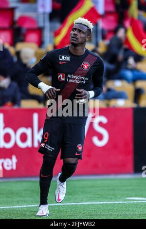 Farum, Dänemark. April 2021. Sory Kaba (9) des FC Midtjylland wurde während des 3F Superliga-Spiels zwischen dem FC Nordsjaelland und dem FC Midtjylland in Right to Dream Park in Farum gesehen. (Foto: Gonzales Photo/Alamy Live News Stockfoto