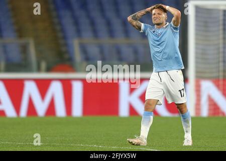 Der italienische Stürmer Ciro immobile gesticuliert am 26. April 2021 während des Fußballspiels der Serie A zwischen der SS Lazio und Mailand im Olimpico-Stadion in Roma, Italien LazioÕs Stockfoto