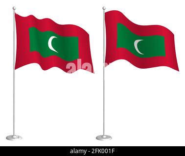 Flagge der Malediven auf Fahnenmast, winkt im Wind. Design-Element für den Urlaub. Kontrollpunkt für Kartensymbole. Isolierter Vektor auf weißem Hintergrund Stock Vektor