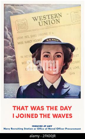 US-amerikanische Rekrutierungsplakat für Frauen aus dem 2. Weltkrieg, WAVES (Women Accepted for Volunteer Emergency Service), US Navy, 1941-1945 Stockfoto