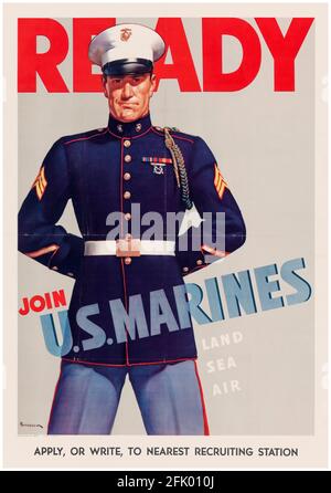 US-Amerikaner, Plakat zur Rekrutierung militärischer Truppen aus dem 2. Weltkrieg, Ready, Join US Marines, (USMC), 1942-1945 Stockfoto