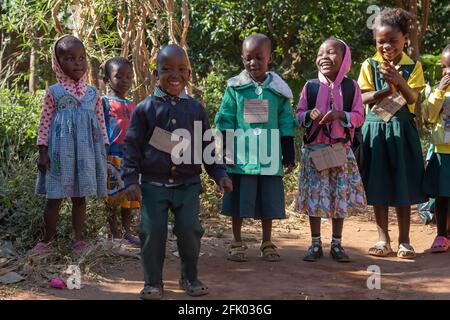 Mzuzu, Malawi. 30-05-2018. Gruppe schwarzer Kinder, die vor ihrer Schule in einem ländlichen Dorf in Malawi lächelnd vor der Kamera stehen. Stockfoto