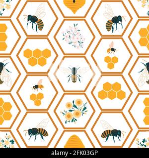 Bienenzucht Bienenhaus gelbe Tapete. Bienenhonig nahtloses Muster. Stock Vektor