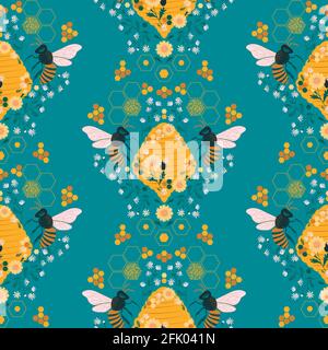 Biene Hive Honeycomb Daisy Vektor nahtloses Muster. Symmetrische Honigbiene florale Volkskunst Illustration. Stock Vektor