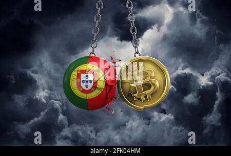 Die portugiesische Flagge zerschlägt in eine goldene Bitcoin-Kryptomünze. 3D-Rendering Stockfoto